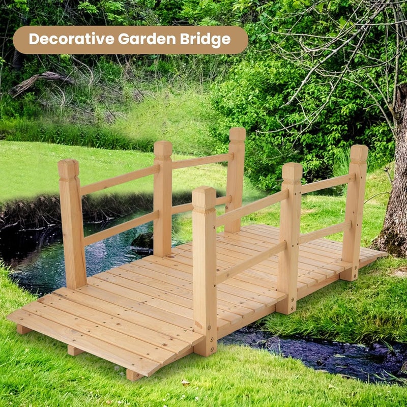 HAPPYGRILL 5FT Wooden Garden Bridge, Decorative Pond Landscaping Bridge with Classic Arc Footbridge & Double Safety Railings, Garden Bridges for Outdoors, Backyard, Garden Farm (Natural) - Image 2